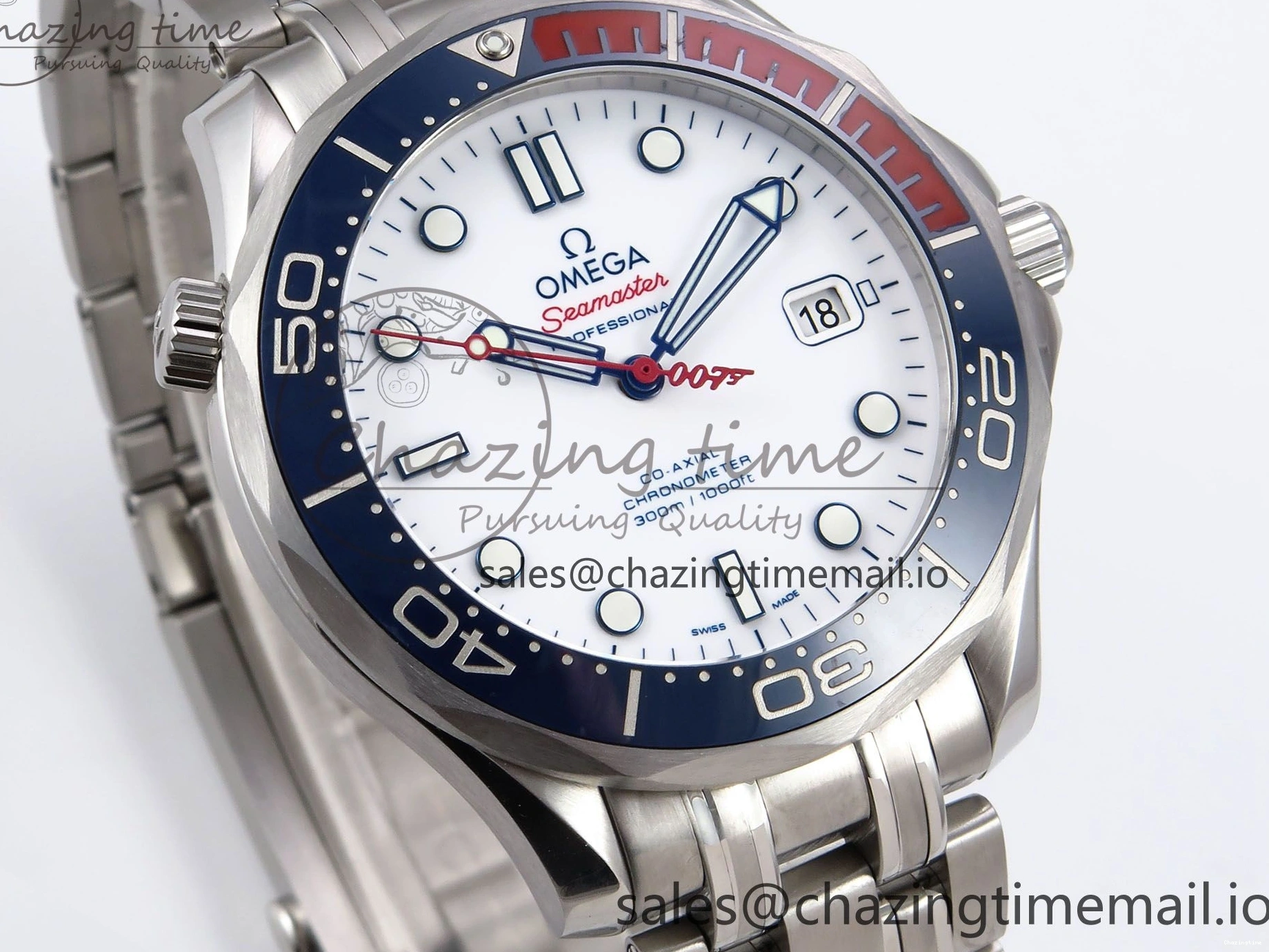 0409 HighQuality Seamaster Diver 300M OMF 1:1 Best Edition Blue Red Ceramic White Dial on SS Bracelet A 7705